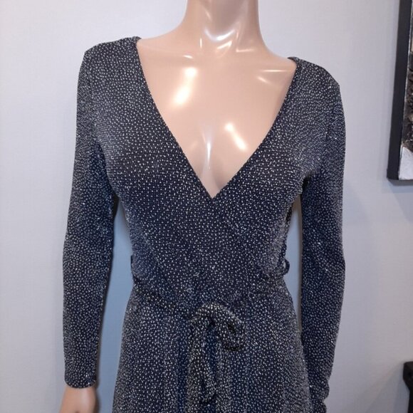 Mandee Sparkle Jumpsuit Long Sleeve Wide Cropped Leg Tie Belted Surplice Glitter - Picture 3 of 14